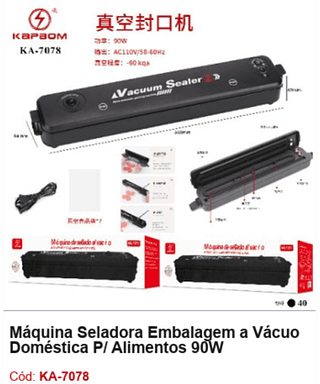 Máquina Seladora Embalagem a Vácuo Doméstica P/ Alimentos 90W R$ 29,7 PCS/CX: 40