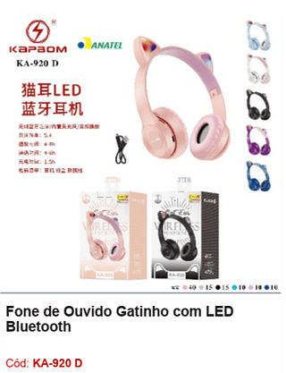 Fone de Ouvido Gatinho com LED Bluetooth R$18,9 PCS/CX:100