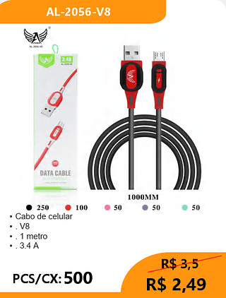 Cabo de celular V8 PCS/CX:500 R$ 2,49