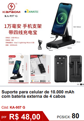 Suporte para celular de 10.000 mAh com bateria externa de 4 cabos R$ 43.20 PCS/CX: 80