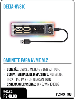 GABINETE PARA NVME M.2 UNID. CX: R$ 48.00 PCS/CX: 100