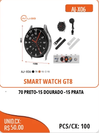 SMART WATCH GT8 UNID.CX:RS50.00 PCS/CX:100