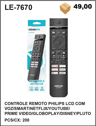 CONTROLE REMOTO PHILIPS LCD COM VOZ/SMART/NETFLIX/YOUTUBE/ PRIME VIDEO/GLOBOPLAY/DISNEY/PLUTO 200PÇ=49$