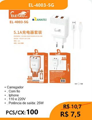 CARREGADOR PCS/CX:100 R$7,5