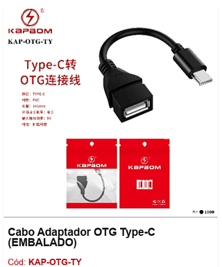 Cabo Adaptador OTG Type-C R$ 1,26 PCS/CX:1000