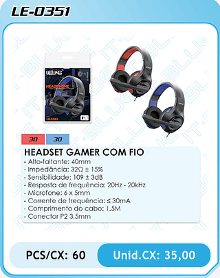 HEADSET GAMER COM FIO - Alto-faltante: 40mm - Impedância: 320 ± 15% - Sensibilidade: 109 ± 3dB - Resposta de frequência: 20Hz - 20kHz - Microfone: 6 x 5mm - Corrente de frequência: ≤ 30mA - Comprimento do cabo: 1.5M - Conector P2 3,5mm PCS/CX: 60 Unid.CX: 35,00