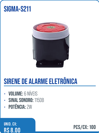 SIRENE DE ALARME ELETRÔNICA UNID. CX: R$ 8.00 PCS/CX: 100