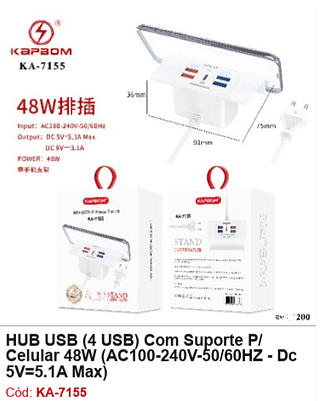 HUB USB (4 USB) Com Suporte P/ Celular 48W (AC100-240V-50/60HZ - Dc 5V=5.1A Max) R$ 7,2 PCS/Cx: 200