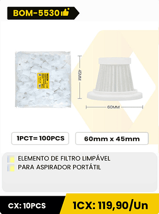 ELEMENTO DE FILTRO LIMPÁVEL PARA ASPIRADOR PORTÁTIL CX: 10PCS 1CX: 119,90/Un