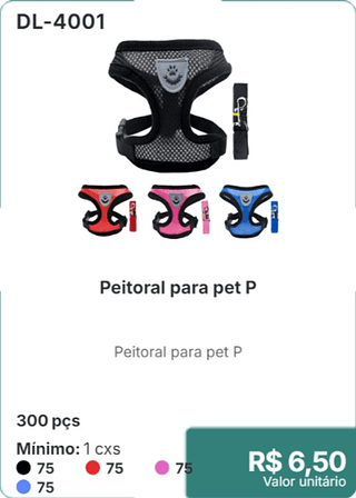 Peitoral para pet P 300 pçs R$ 6.50
