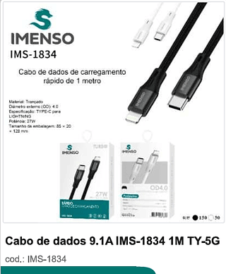 Cabo de dados 9.1A 1M TY-5G 200PC/CX R$6,3