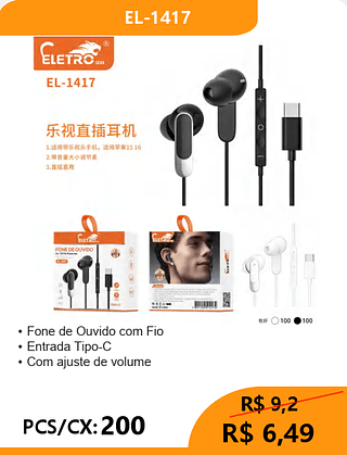 FONE DE OUVIDO TIPO-C PCS/CX:200 R$6,49