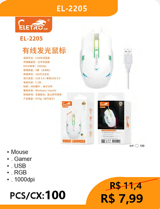 MOUSE GAMER PCS/CX:100 R$7,99