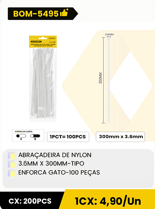 ABRAÇADEIRA DE NYLON 3.6MM X 300MM-TIPO ENFORCA GATO-100 PEÇAS CX: 200PCS 1CX: 4,90/Un