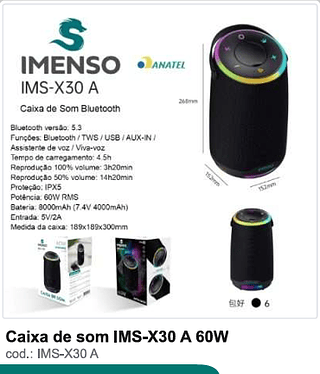 Caixa de som 60W R$207 PC/CX 6