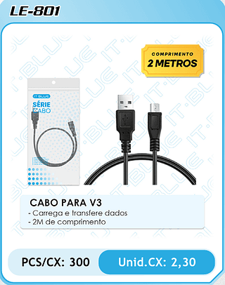 CABO PARA V3 - Carrega e transfere dados - 2M de comprimento PCS/CX: 300 Unid.CX: 2,30