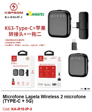 Microfone Lapela Wireless 2 microfone (TYPE-C + 5G) R$ 25,2 PCS/CX:100