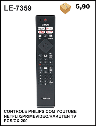 CONTROLE PHILIPS COM YOUTUBE NETFLIX/PRIMEVIDEO/RAKUTEN TV 200pç=5,9$