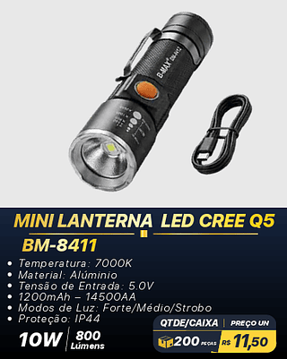 MINI LANTERNA LED CREE Q5 200PÇS R$11,50