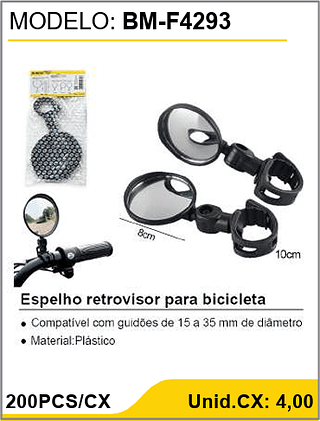Espelho retrovisor para bicicleta 200PCS/CX Unid.CX: 4,00