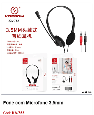 Fone com Microfone 3,5mm R$7,65 PCS/Cx:240
