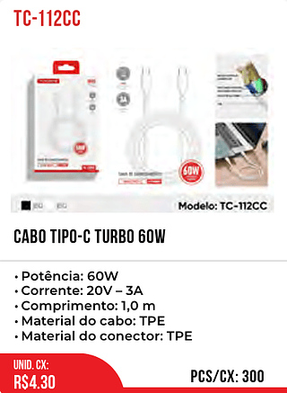CABO TIPO-C TURBO 60W 300pç=4,3$