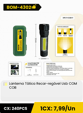Lanterna Tatica Recar-regavel Usb COM COB CX: 240PCS 1CX: 7,99/Un