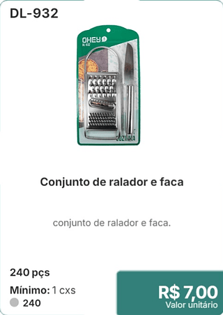 Conjunto de ralador e faca 240 pçs R$ 7.00