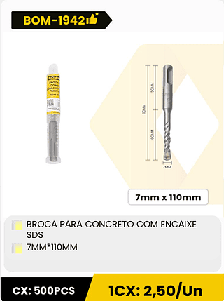 BROCA PARA CONCRETO COM ENCAIXE SDS 7MM*110MM CX: 500PCS 1CX: 2,50/Un
