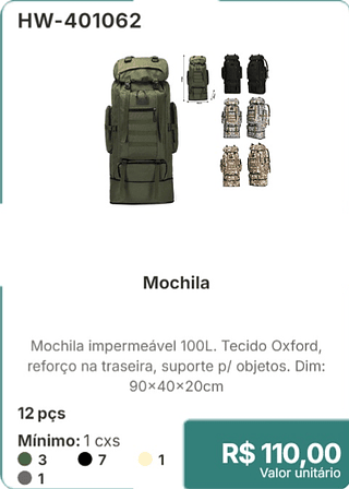 Mochila 12 pcs R$ 110.00