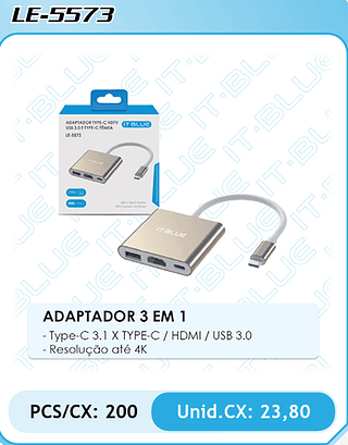ADAPTADOR 3 EM 1 - Type-C 3.1 X TYPE-C / HDMI / USB 3.0 - Resolução até 4K PCS/CX: 200 Unid.CX: 23,80