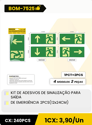KIT DE ADESIVOS DE SINALIZAÇÃO PARA SAÍDA DE EMERGÊNCIA 2PCS(12x24CM) CX: 240PCS ICX: 3,90/Un