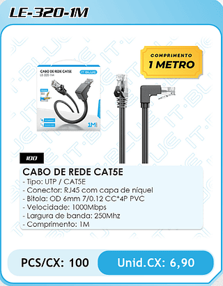 CABO DE REDE CAT5E Tipo: UTP / CAT5E - Conector: RJ45 com capa de níquel - Bitola: OD 6mm 7/0.12 CC*4P PVC - Velocidade: 1000Mbps - Largura de banda: 250Mhz - Comprimento: 1M PCS/CX: 100 Unid.CX: 6,90