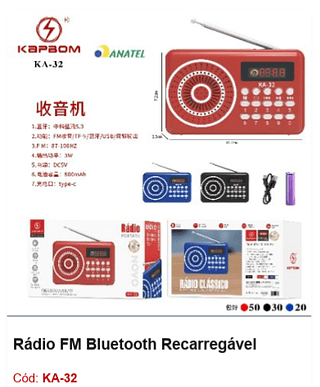 Rádio FM Bluetooth Recarregável R$17,1 PCS/CX:100