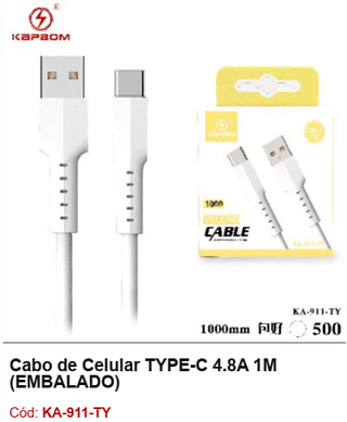 Cabo de Celular TYPE-C 4.8A 1M R$ 2,88 PCS/CX:500