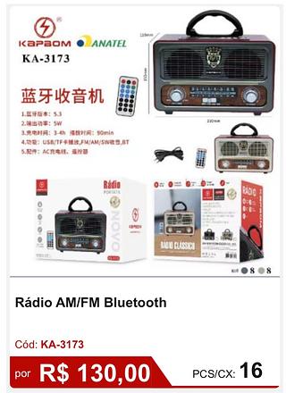Rádio AM/FM Bluetooth R$117 PCS/CX: 16
