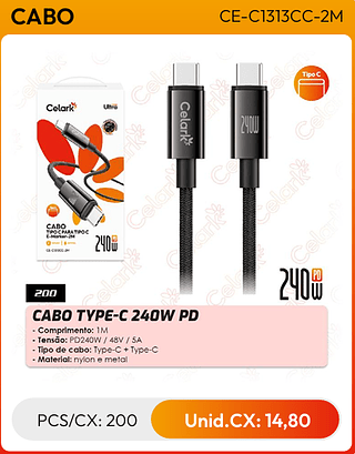 CABO TYPE-C 240W PD PCS/CX: 200 Unid.CX: 14,80