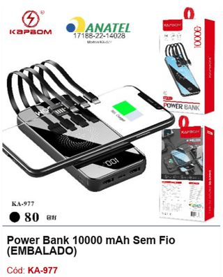 Power Bank 10000 mAh Sem Fio R$43,2 PCS/cx: 80