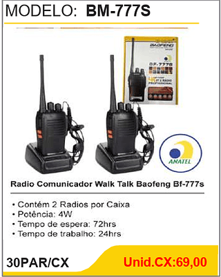 Radio Comunicador Walk Talk Baofeng Bf-777s 30PAR/CX Unid.CX:69,00