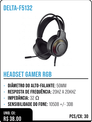 HEADSET GAMER RGB UNID. CX: R$ 38.00 PCS/CX: 30