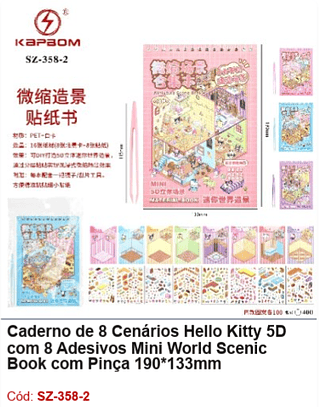 Caderno de 8 Cenários Hello Kitty 5D com 8 Adesivos Mini World Scenic Book com Pinça 190*133mm R$ 4,05 PCS/cx: 400