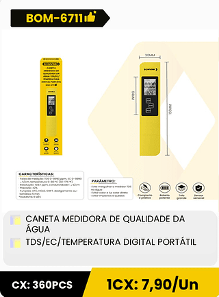 CANETA MEDIDORA DE QUALIDADE DA ÁGUA TDS/EC/TEMPERATURA DIGITAL PORTÁTIL CX: 360PCS 1CX: 7,90/Un