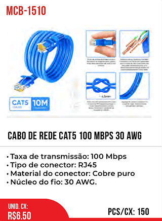 CABO DE REDE CAT5 100 MBPS 30 AWG 150pç=6,5$