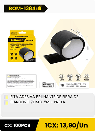 FITA ADESIVA BRILHANTE DE FIBRA DE CARBONO 7CM X 5M - PRETA CX: 100PCS 1CX: 13,90/Un
