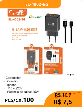 CARREGADOR LIGHTNING PCS/CX:100 R$7,5