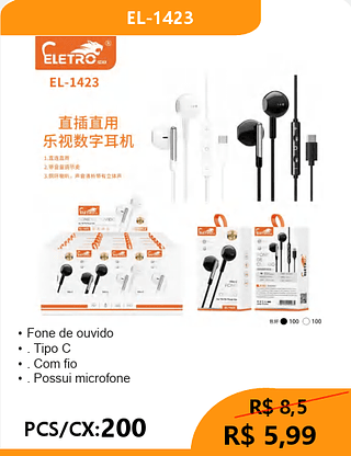 FONE DE OUVIDO TIPO-C PCS/CX:200 R$5,99