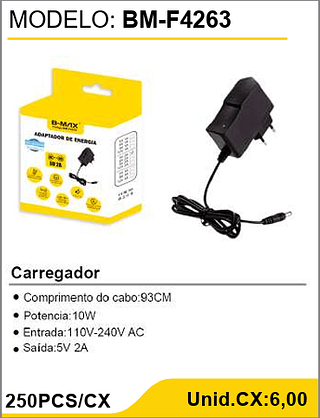 Carregador 5V 2A 250PCS/CX Unid.CX:6,00