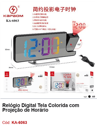 Relógio Digital Tela Colorida com Projeção de Horário R$40,5 PCS/CX:60