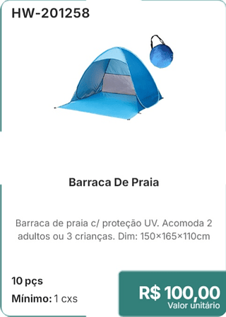 Barraca De Praia 10 pçs R$ 100,00