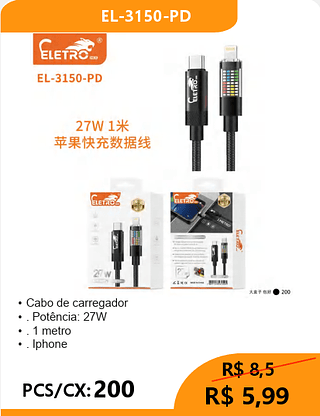 • Cabo de carregador Lightning PCS/CX:200 R$5,99